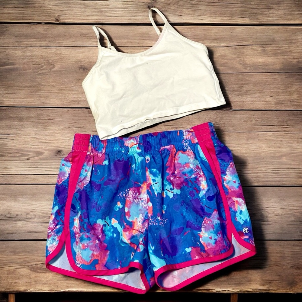 Girls champion shorts and white bralette top outfit